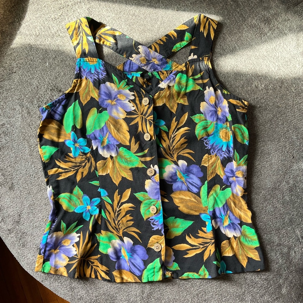 Tropical Print Crisscross Button-Up Tank